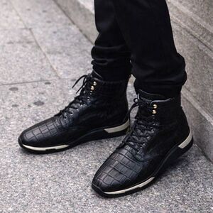 Alexander McQueen Black Croc Embossed Leather High Top Ankle Boots  Mens Size 11
